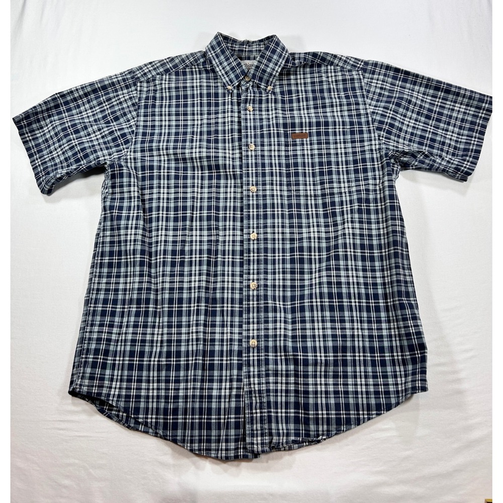 Carhartt Mens Large Short Sleeve Plaid Button Down Shirt Navy Blue Cotton L